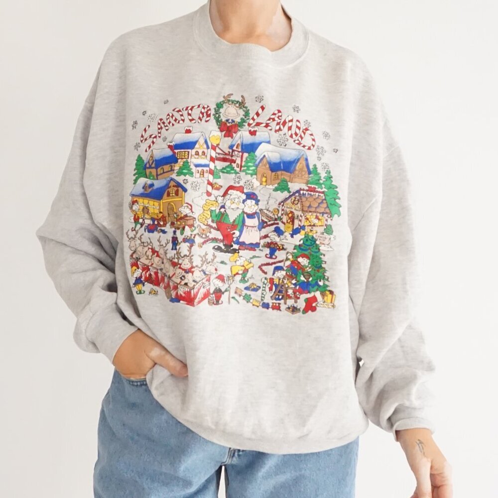 Vintage Jerzees Grey Santa Village Snowflake Candy Cane Holiday Sweater XL